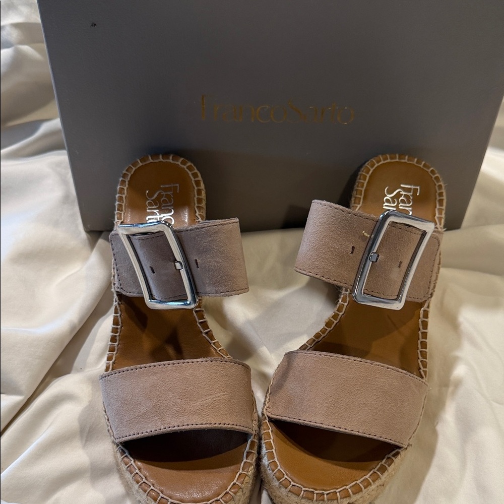 Franco Sarto Taupe Suede Double-Strap Slide Sandals with Buckle